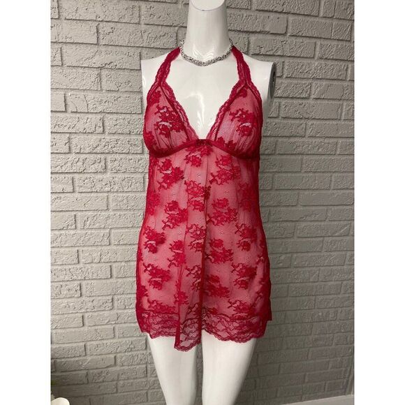 Victoria's Secret Women Red Lace Halter Back Teddy / Lingerie Size L - Picture 1 of 8